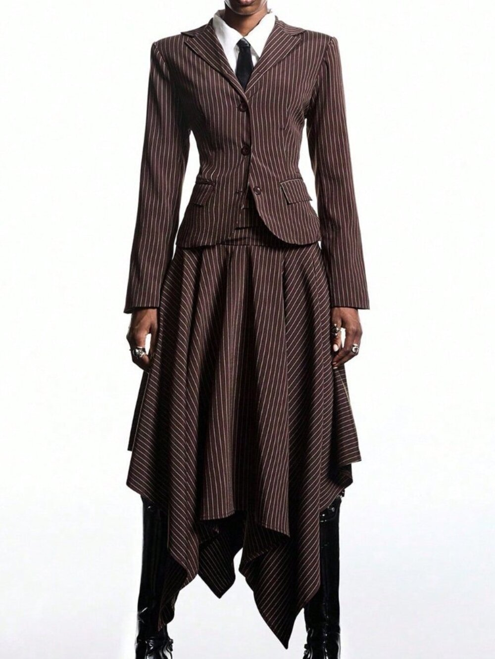 Rust Brown Elegant Women's Stripe Waist-Cinched Blazer Skirt Suit Set - Picture 3 of 7